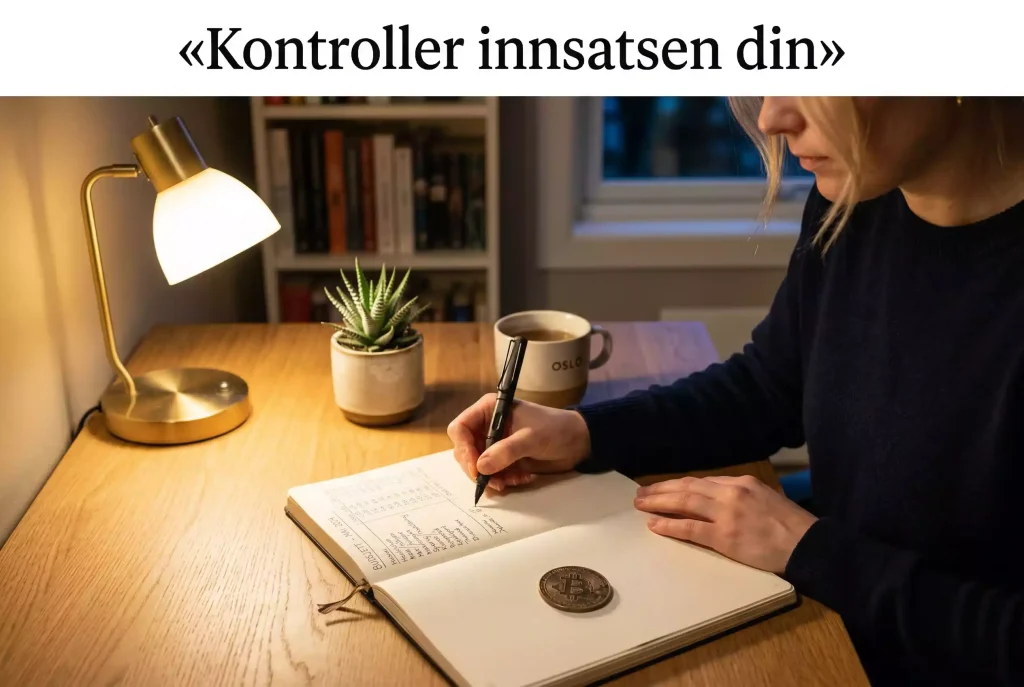 Notatblokk med budsjettplan og bitcoin-symbol – bankroll management for krypto-betting