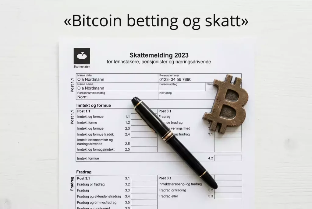 Norsk skattemelding med penn og kryptosymbol – skatt på bitcoin betting i Norge