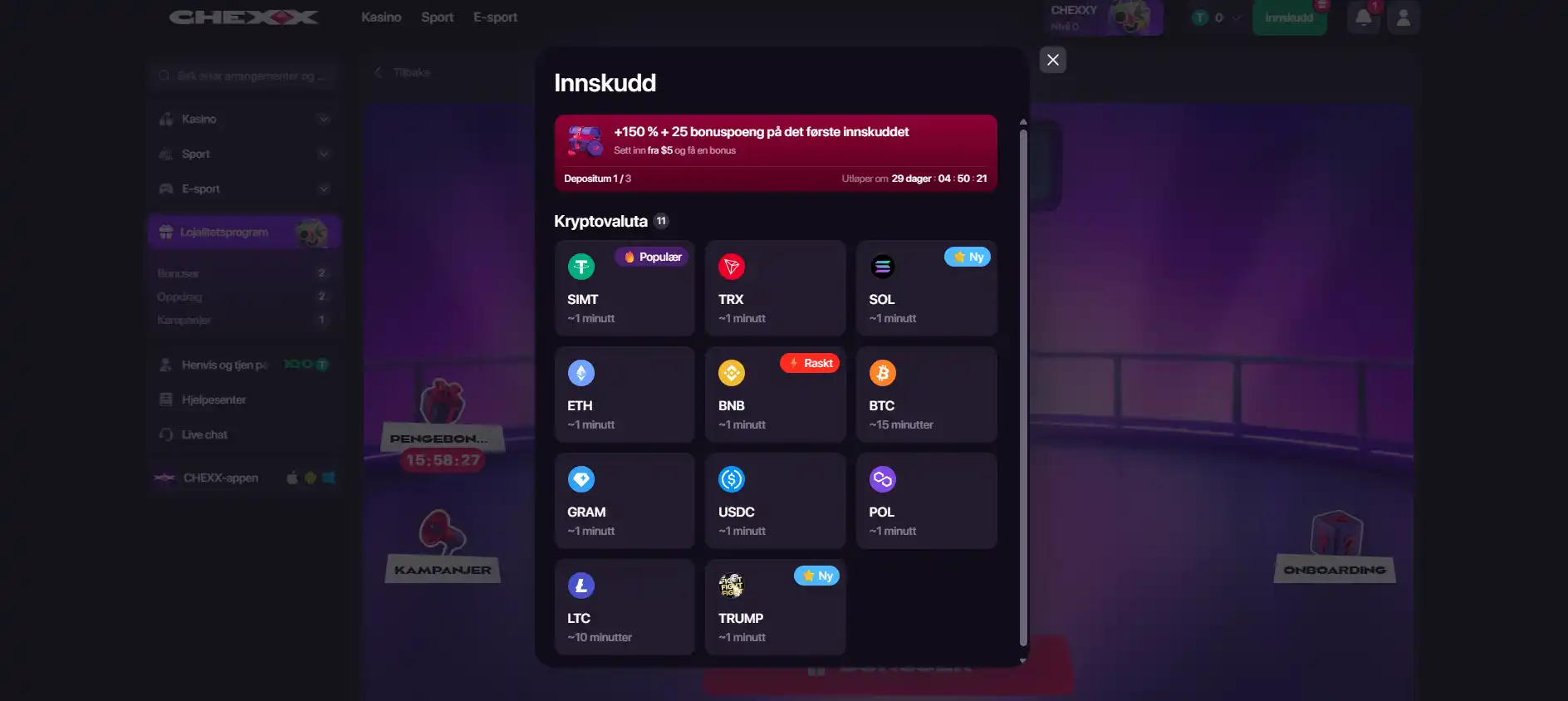 CHEXX innskuddsvindu med kryptoaktivum nettverk og lommebokadresse