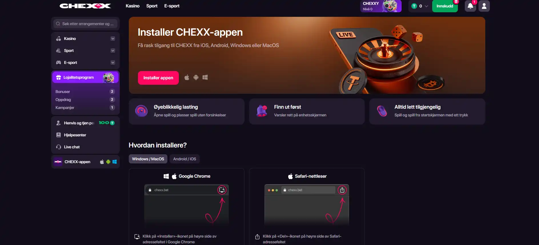 CHEXX PWA-side viser installasjon for fire støttede plattformer
