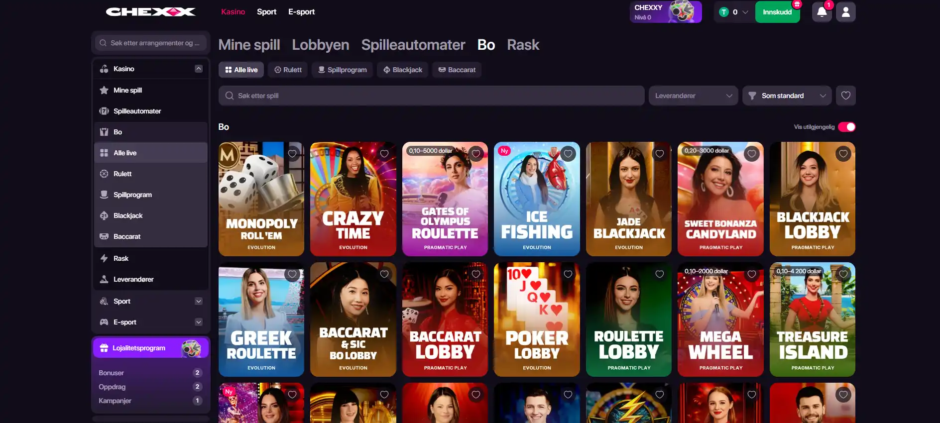 CHEXX lobby viser kategorier filtre og mange casinospill
