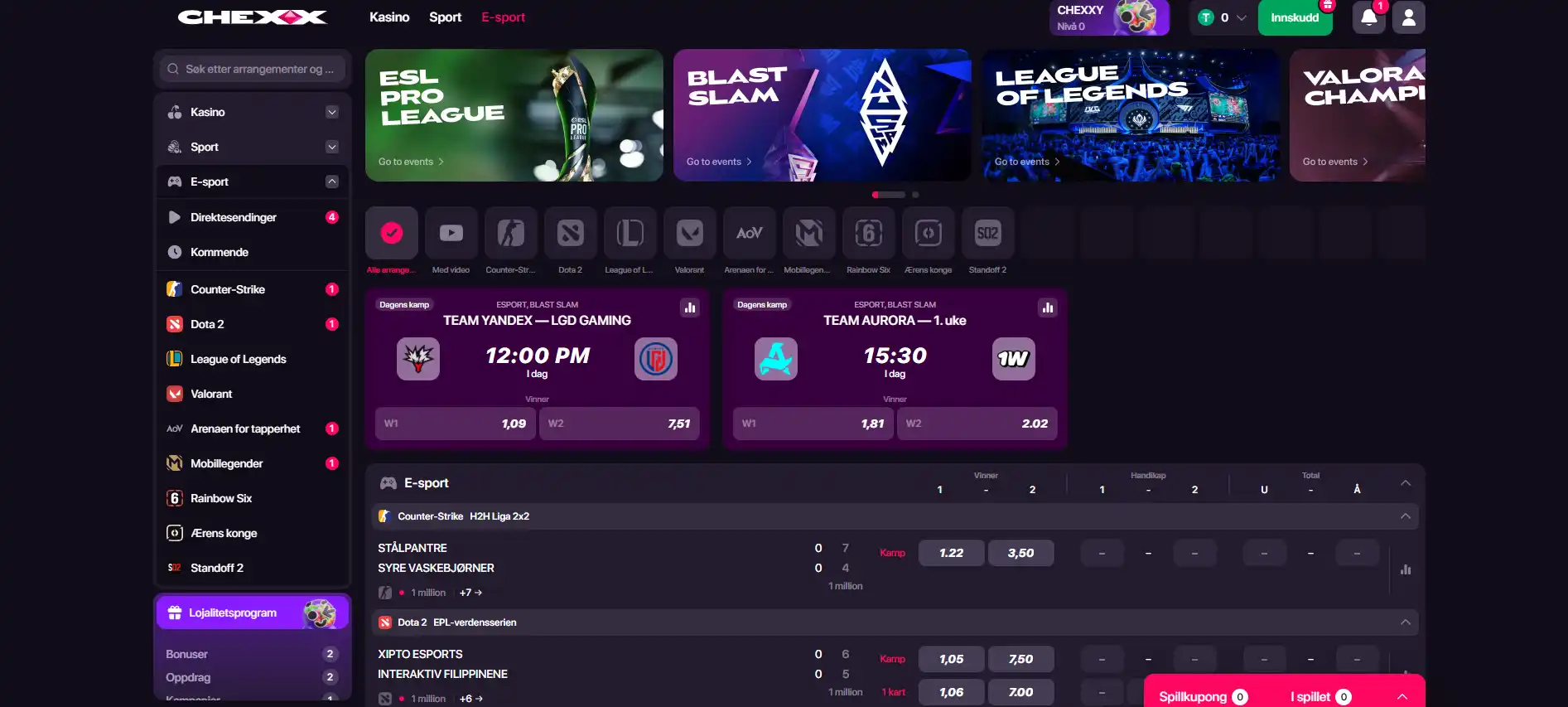 CHEXX sportsdel viser esportdisipliner kamper og oddsmarkeder