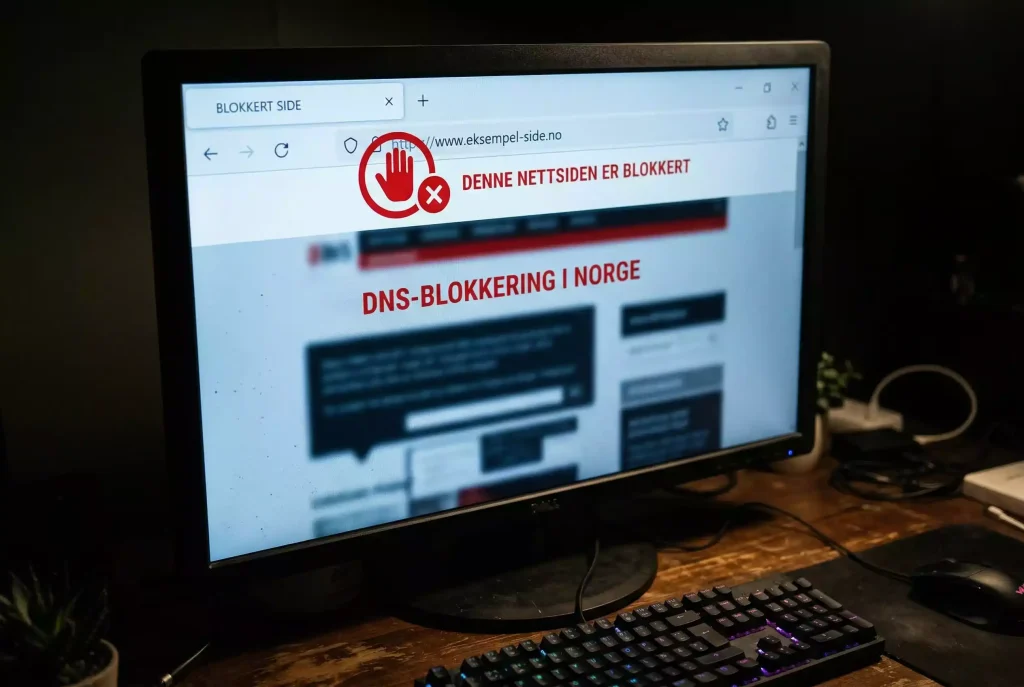 Nettadressefelt med rødt stoppskilt – DNS-blokkering av bettingsider i Norge