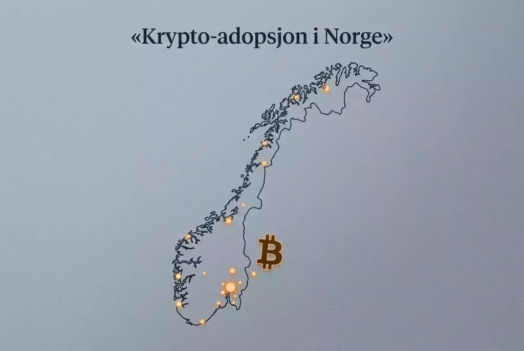 Norgeskart med kryptosymboler – tall og trender for krypto-adopsjon i Norge 2026