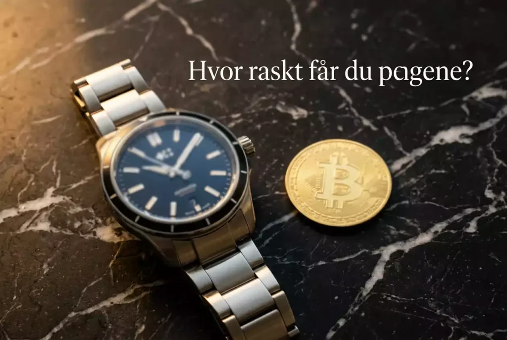 Klokke og bitcoin-symbol – hvor raskt kan du ta ut gevinster fra en krypto-bookmaker
