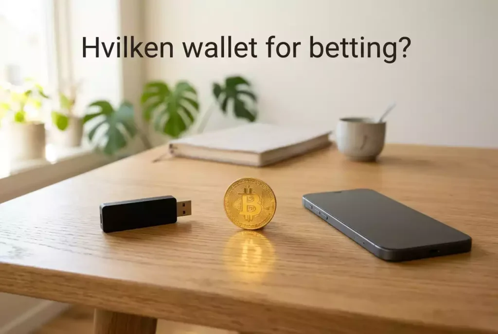Hardware-lommebok og mobiltelefon side om side – hot vs. cold wallet for krypto-betting