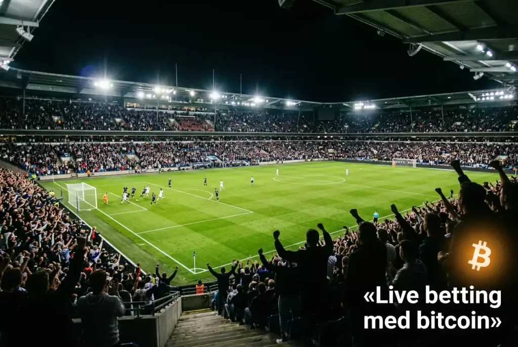 Fotballstadion med glødende bitcoin-symbol – live betting med krypto i sanntid