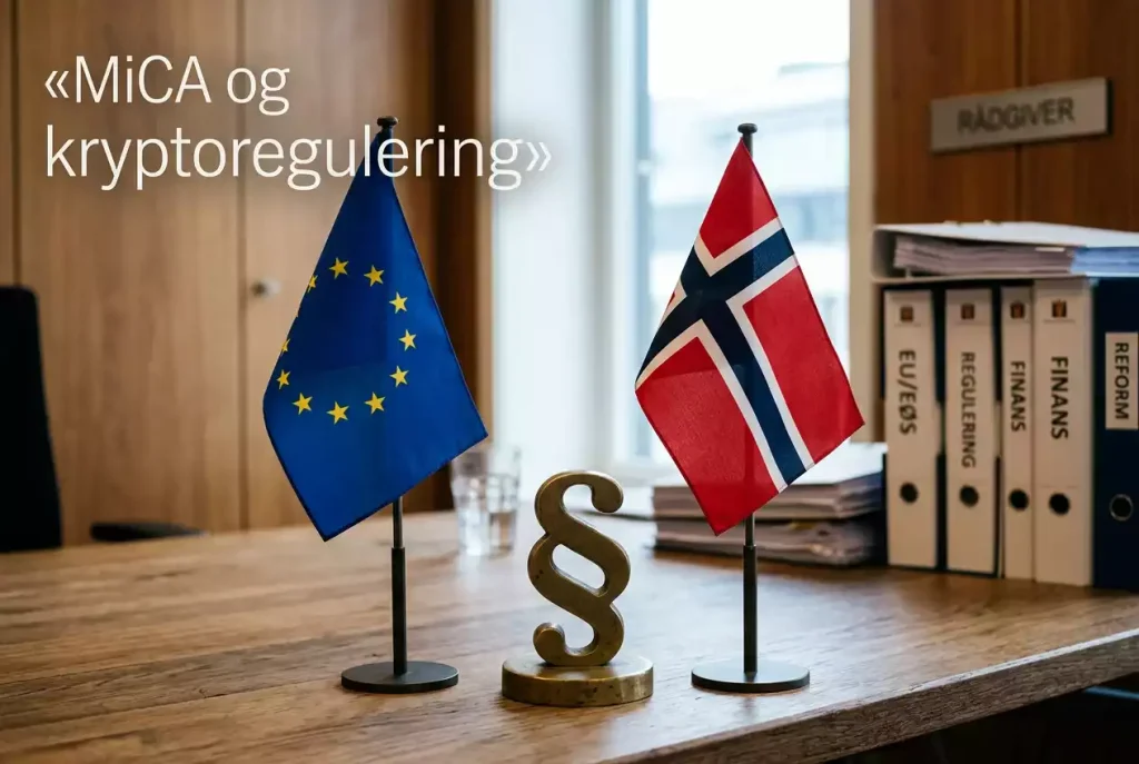 EU-flagg og norsk flagg med paragraftegn – MiCA kryptoregulering i Norge