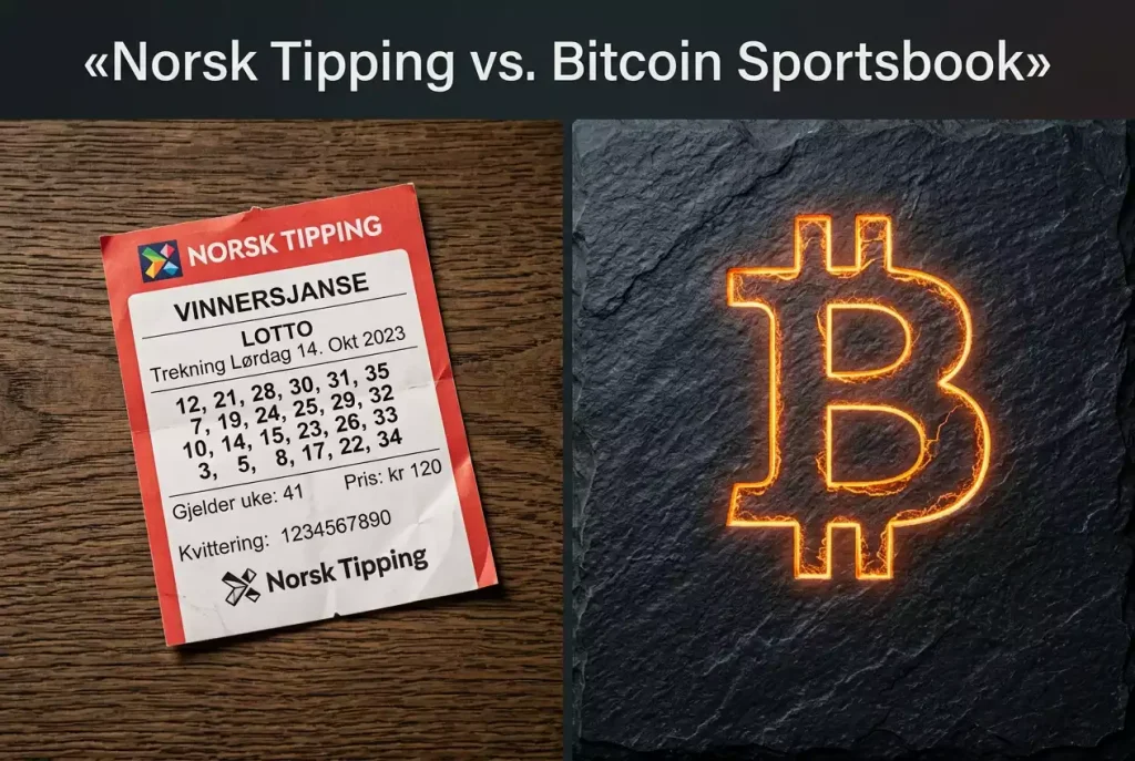 Delt bilde av Norsk Tipping-logo og bitcoin-symbol – sammenligning av to spillverdener