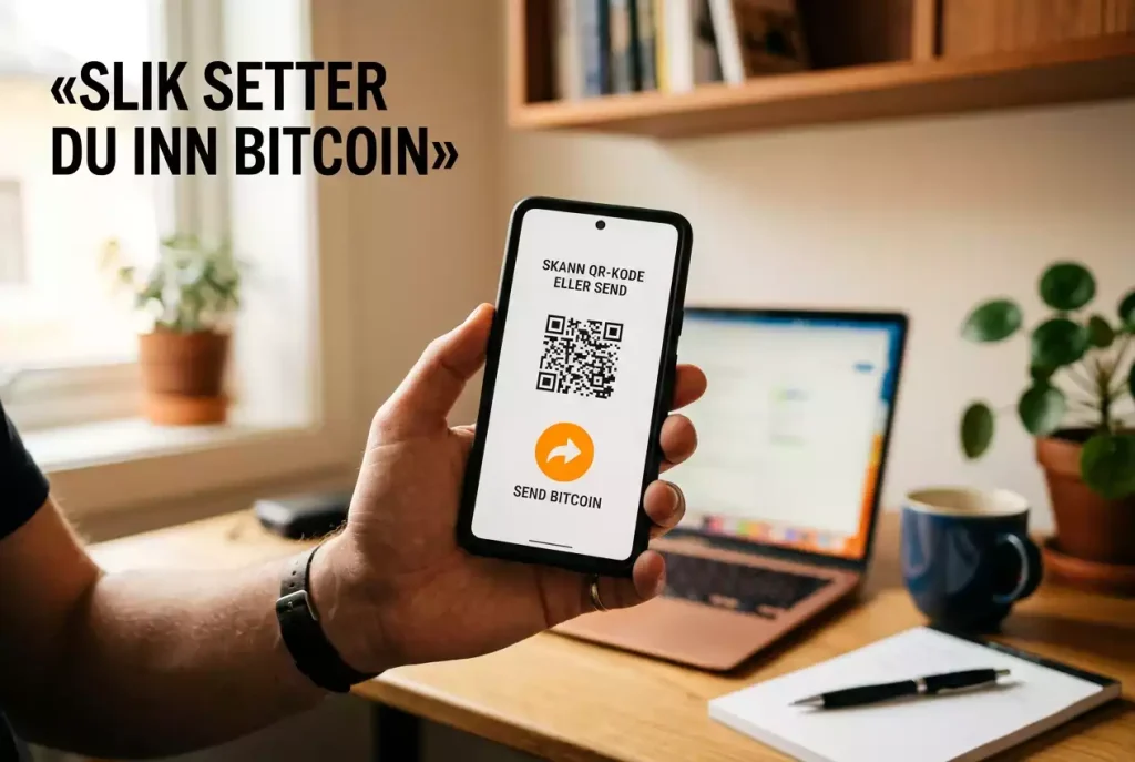Hånd holder mobiltelefon med bitcoin-lommebok – steg for steg innskudd på bettingside