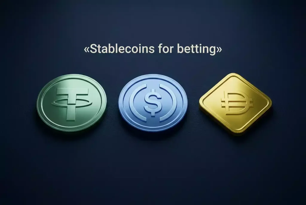 Tre stablecoin-symboler i balanse – USDT, USDC og DAI for betting