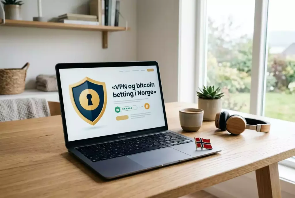 Bærbar datamaskin med VPN-skjold og norsk flagg – VPN og bitcoin betting i Norge